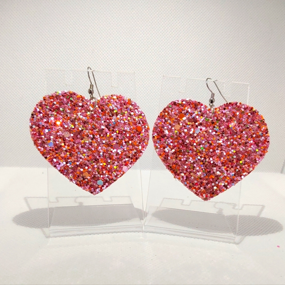 NEW Pink Glitter Heart Earrings